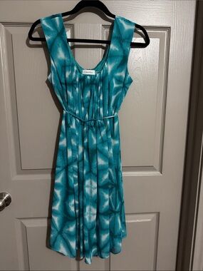 Calvin Klein Aqua and White Scoop-Neck Belted Dress